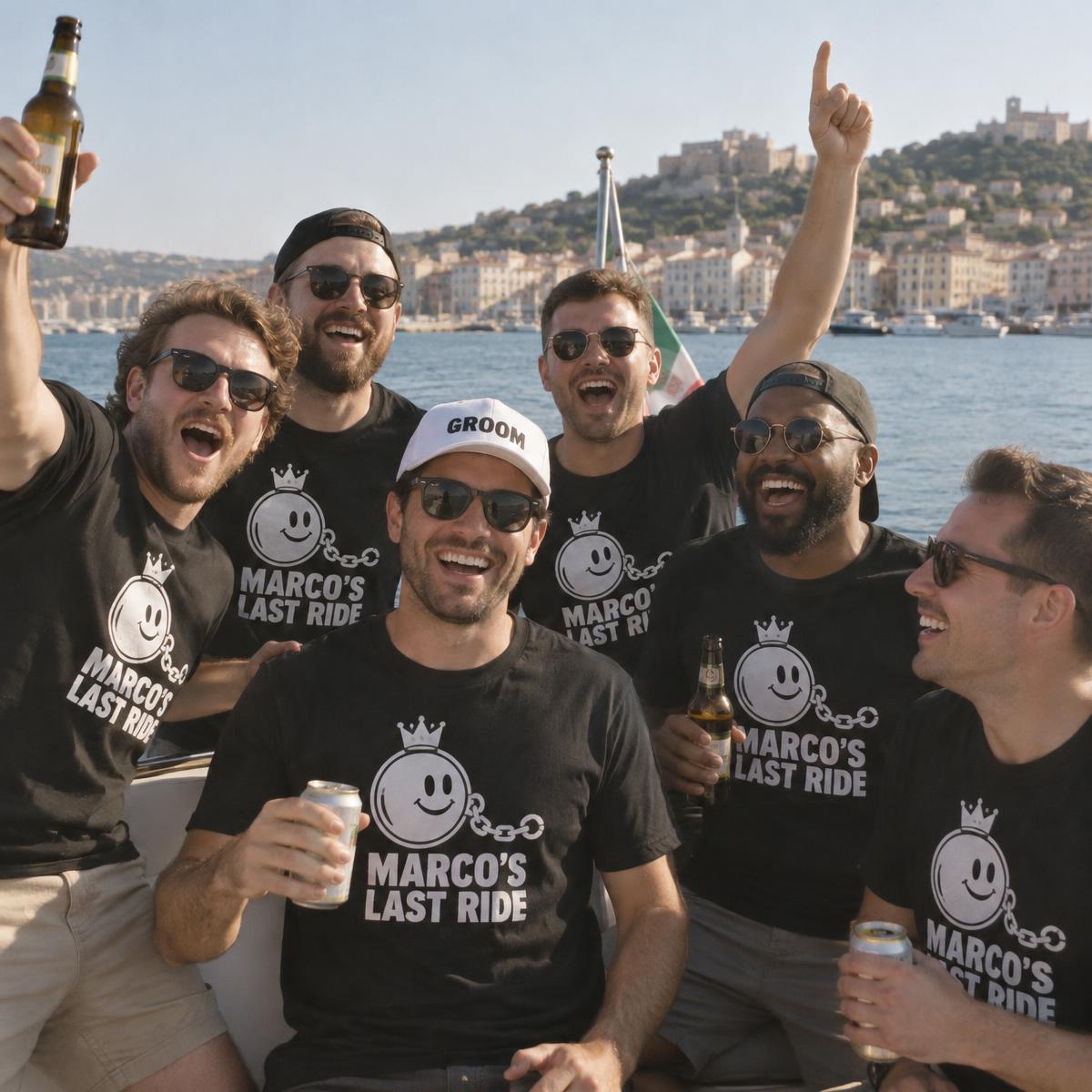 Stag do group on a boat in matching black tees, the groom in an embroidered cap