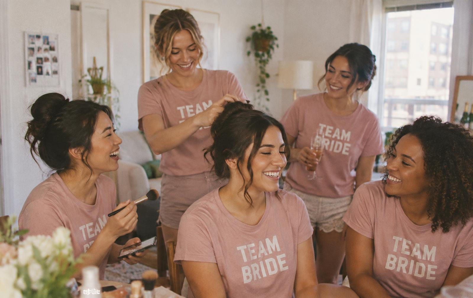Five bridesmaids getting ready in matching dusty pink Team Bride tees