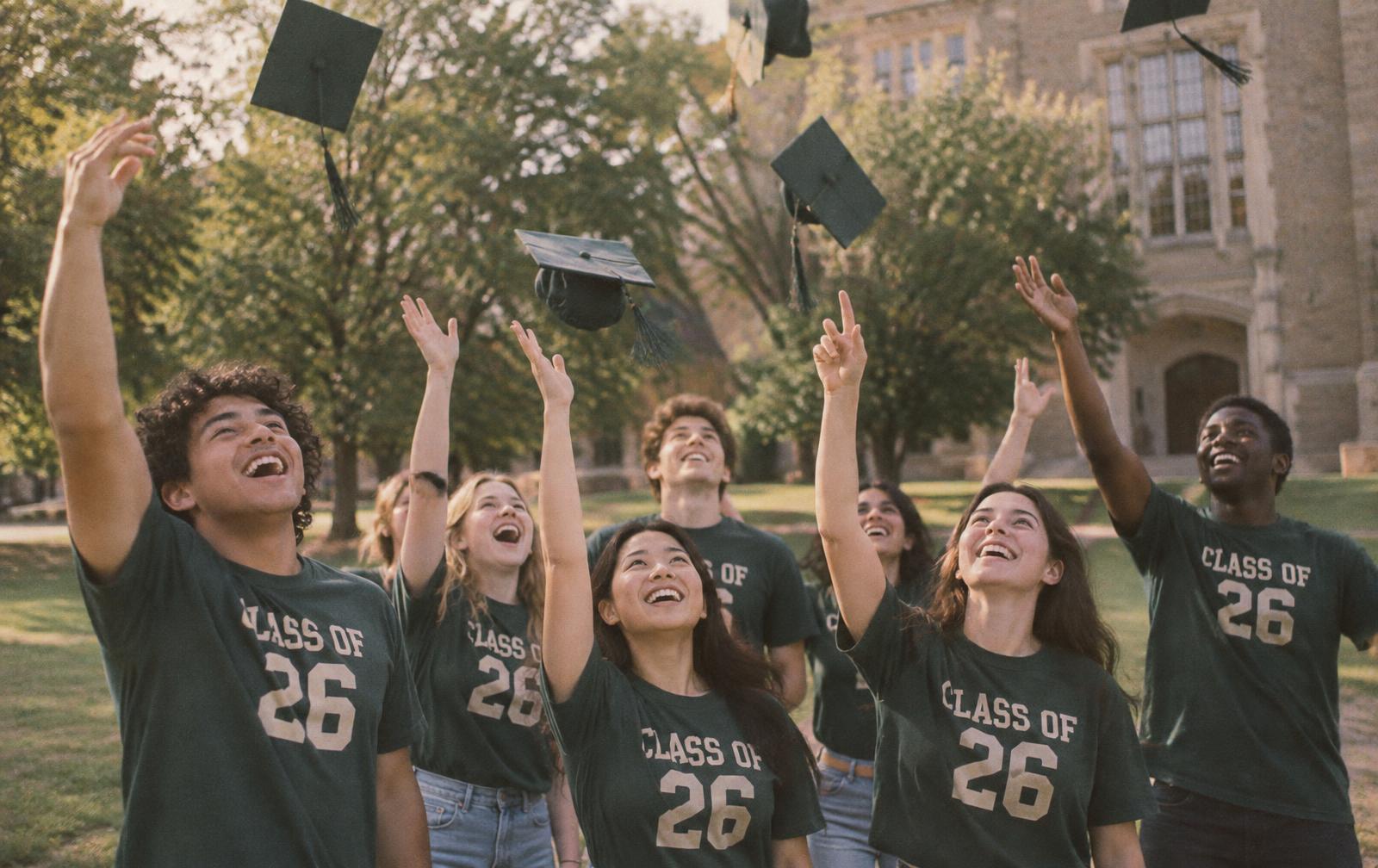 Graduates in forest green Class of 26 tees throwing their caps