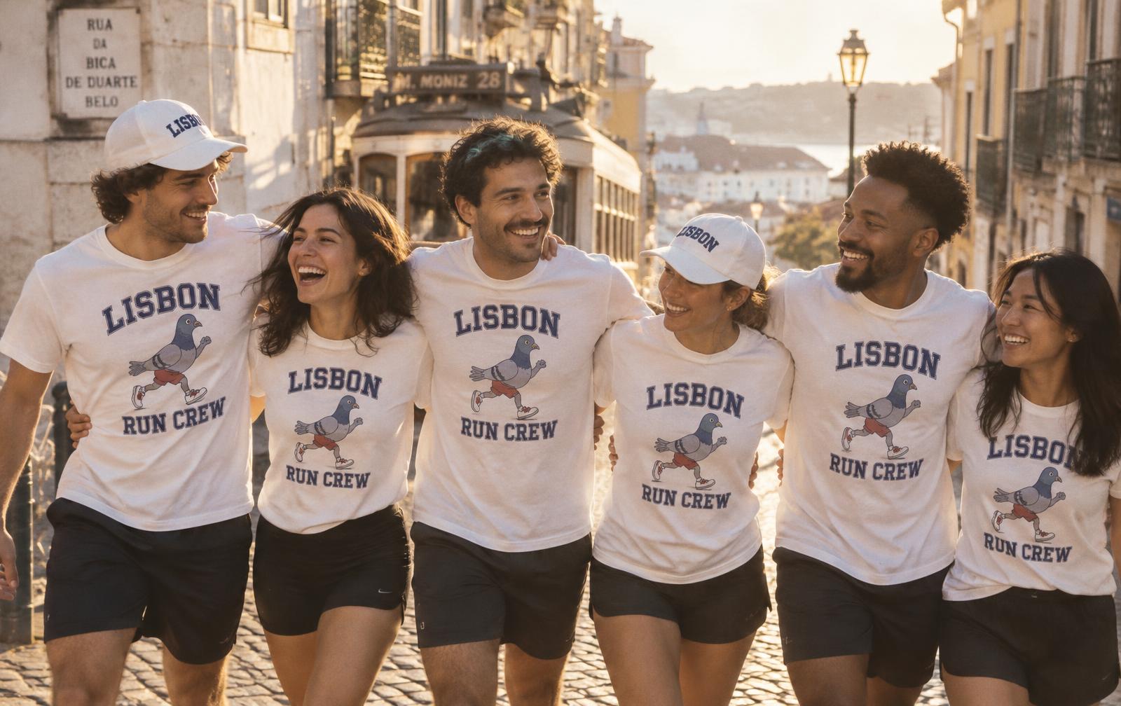 Six friends in matching white Lisbon Run Crew tees and caps walking down a sunny Lisbon street