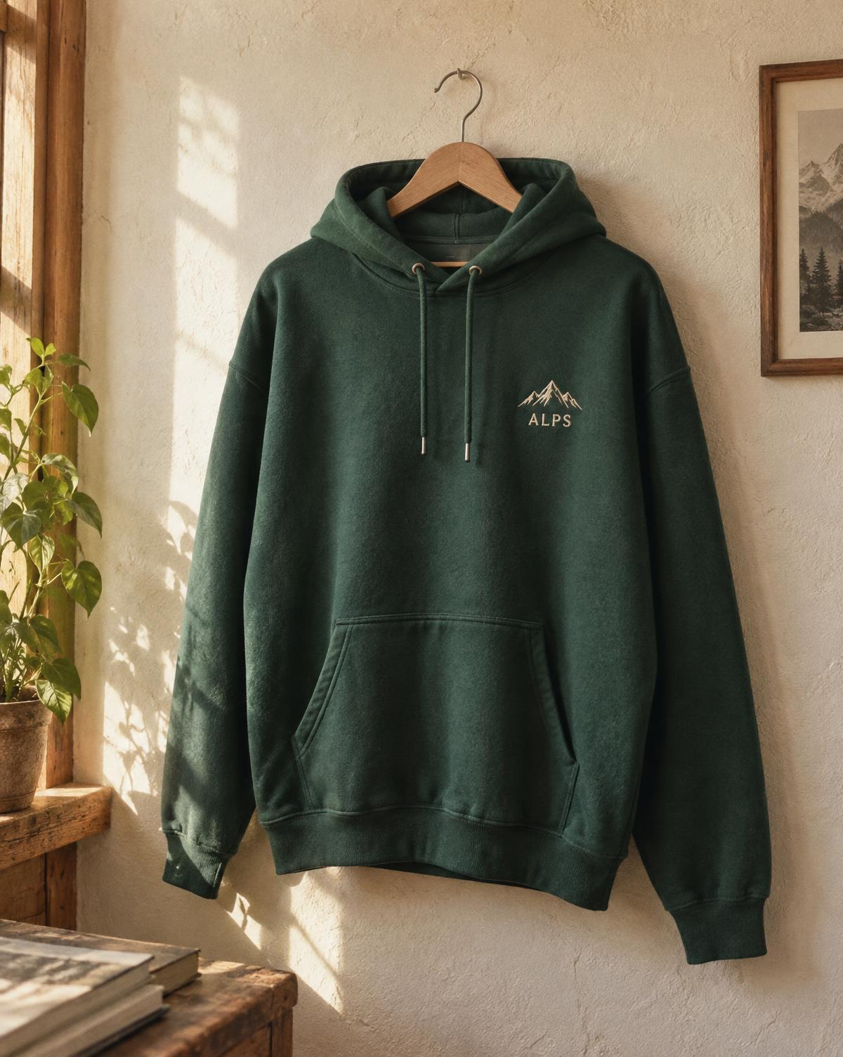 Forest green hoodie on a hanger with a cream embroidered Alps mountain patch