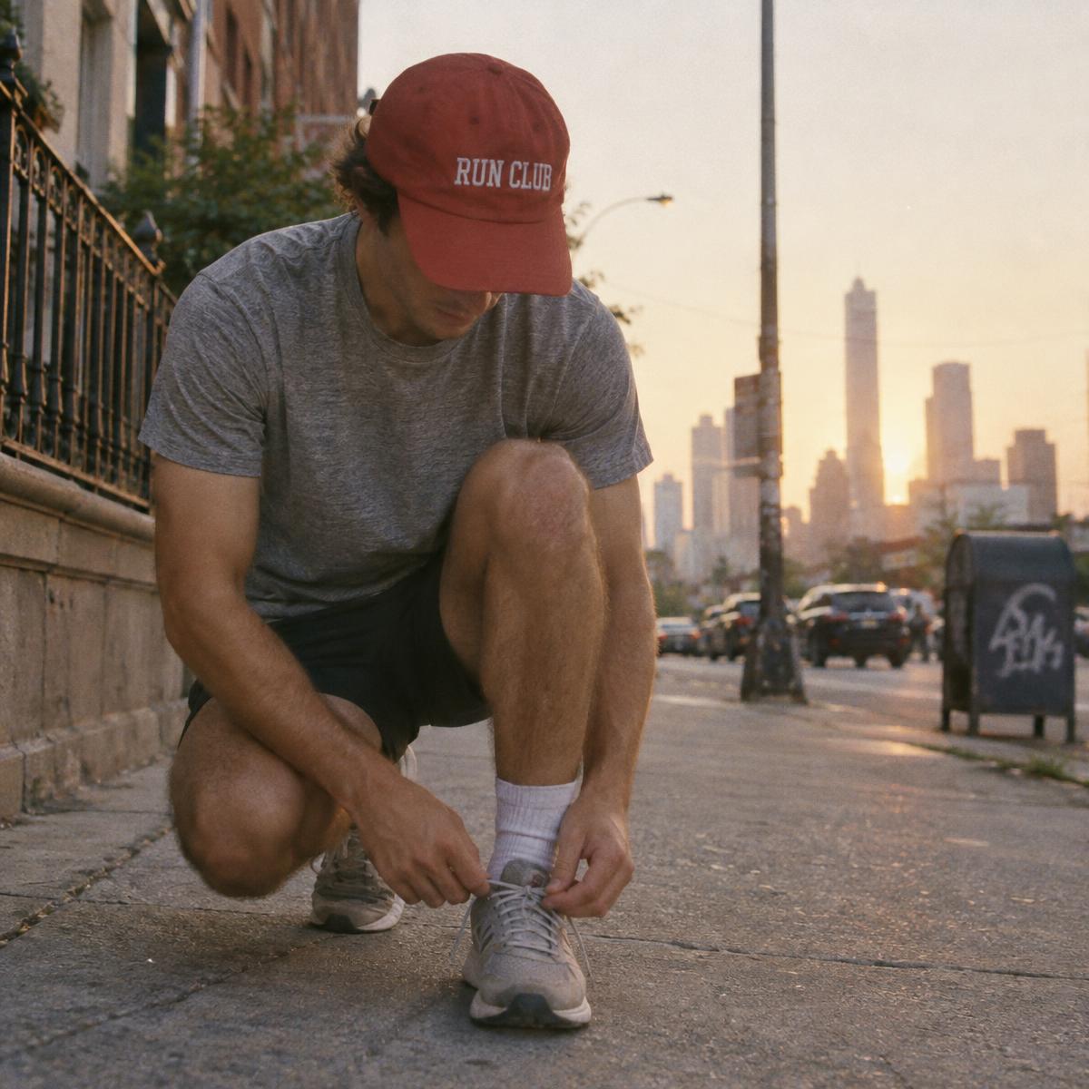 Runner tying his shoes in a red cap with white embroidered Run Club lettering