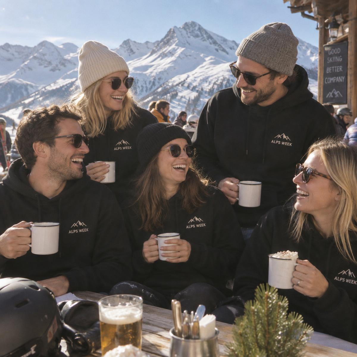 Friends at après-ski in matching black hoodies with an embroidered Alps Week chest logo